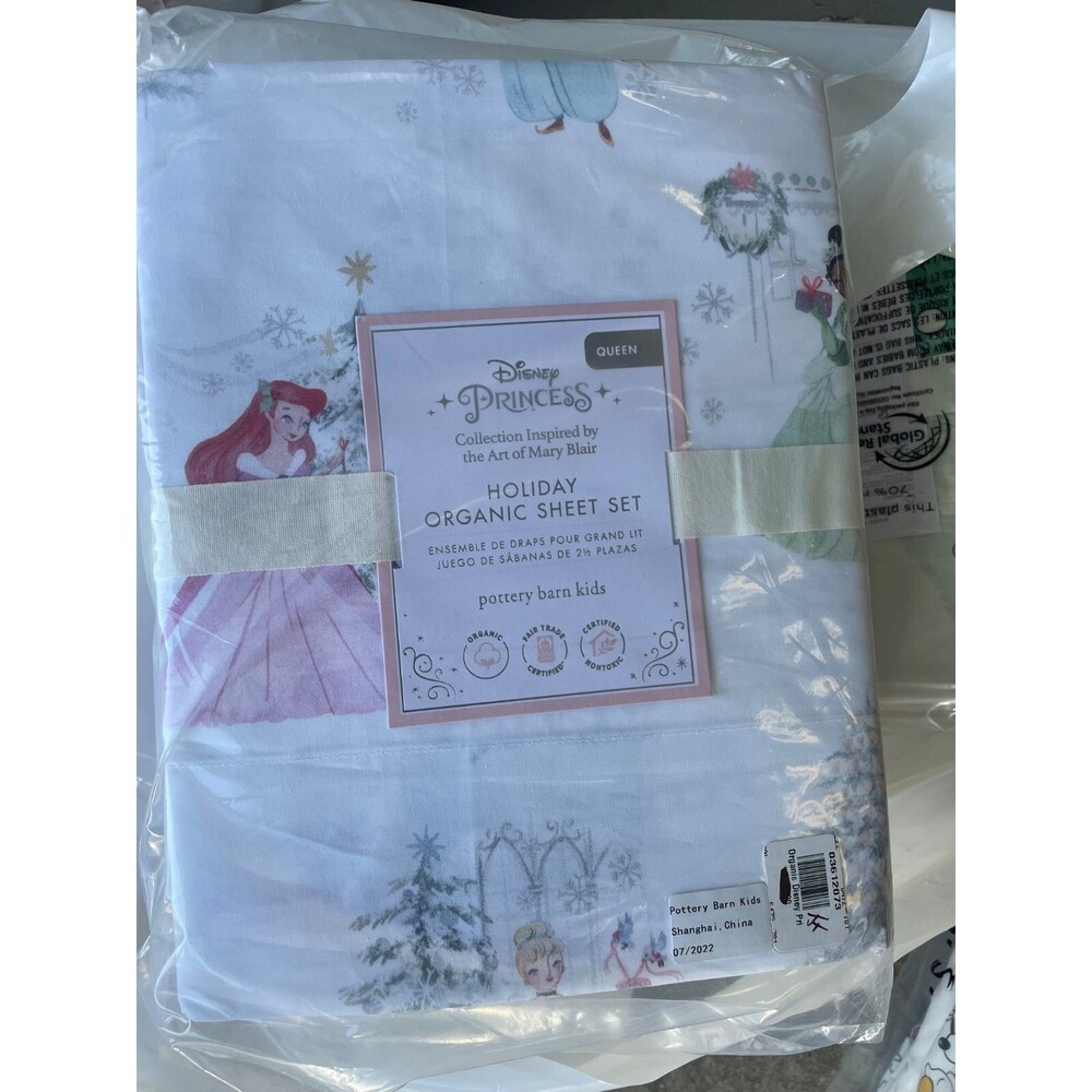 Pottery Barn Kids Disney Princess Holiday Organic Queen Sheet Set christmas  new